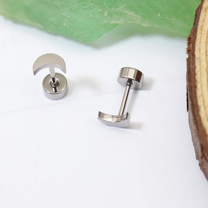 BLISI Titanium Moon Earrings Silver 20G Hypoallergenic Silver Moon Studs