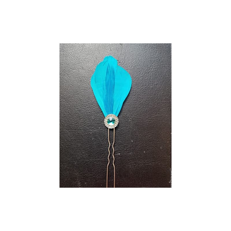 Bridal Bridesmaid Feather Hair Grip Prong, Aqua Blue and Gem