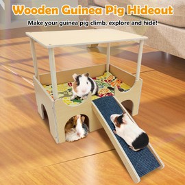Fhiny Large Guinea Pig Hideout, 2 Tier Wooden Chinchilla Castle with Stair Bridge and Soft Mat Piggies House Small Animal Hideaway Hamster Habitat Decor for Chinchilla Hedgehog Hamster Gerbil Rat