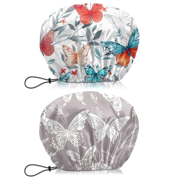 BHAHB 2 PCS Shower Cap Waterproof Double Layer Elastic Adjustable