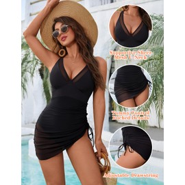 Blooming Jelly Women's One Piece Swimsuit Tummy Control Swim Dress Modest Slimming Bathing Suit Mesh Sarong Wraps Skirt Swim Suits (Black,Large)