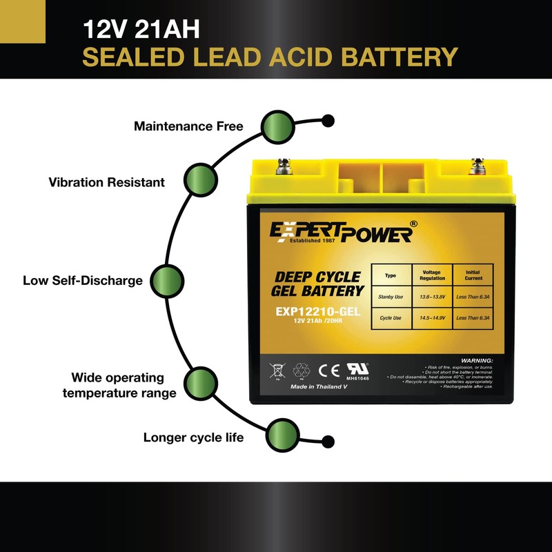 ExpertPower 12V 21Ah Gel Deep Cycle Solar Battery, Sealed Gel