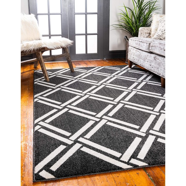 Unique Loom Trellis Collection Geometric Modern Black Area Rug (9'