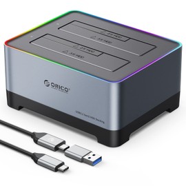 ORICO Hard Drive Docking Station USB 3.2 Gen 2 to SATA I/II/III 2.5 or 3.5 inch HDD SSD Aluminum Alloy RGB Gaming Dock up to 18TB with UASP [Both Type-C and Type-A Support], Tool-Free (5828C3)