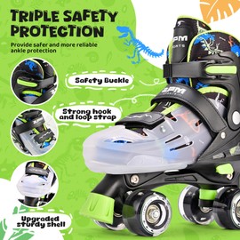 2PM SPORTS Kids Roller Skates for Boys Girls Age 4-6 5-8 6-12 8-12 with Light Up Wheels, Outdoor Indoor Adjustable Rollerskates for Youth Toddler Beginner Size 10C 11C 12C 13C 1 2 3 4 5 6 Dinosaur