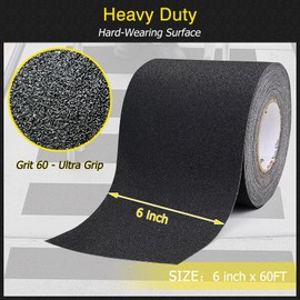 S&X Anti Slip Tape 6 Inch x 60 FT Roll, Ultimate Non-Slip Skid Grip Tape for Outdoor Stair Treads, Wooden Steps & Exterior Grips, Black, Grit 60, Waterproof, Extra-Durable, Long-Lasting Tread Strips