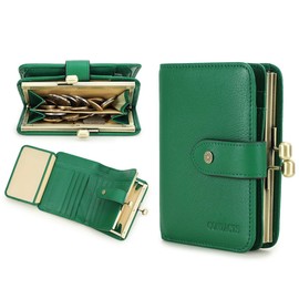 Contacts Womens Wallet Kiss Lock Purse RFID 11 Card Slots Ladies Bifold Leather Clutch with ID Window (Fruit Green)