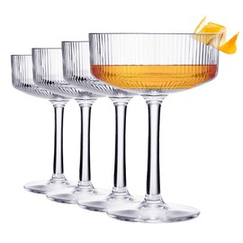Vintage Art Deco Shatterproof Coupe Martini, Champagne & Cocktail Glasses | Set of 4 | Tritan Acrylic Ribbed Glasses 8 oz Ripple Glassware Classic Cocktail Glassware Indoor & Outdoor, European Design