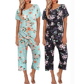 Ekouaer 2 Pack: Women's Pajamas Short Sleeve Sleepwear Tops and Capri Pants Pjs Print Pajama Sets with Blue Flowers, Black Flowers XL