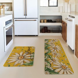 Artoid Mode Yellow Daisy Bloom Spring Kitchen Mats Set of 2, Seasonal Home Decor Leaves Low-Profile Kitchen Rugs for Floor - 17x29 and 17x47 Inch