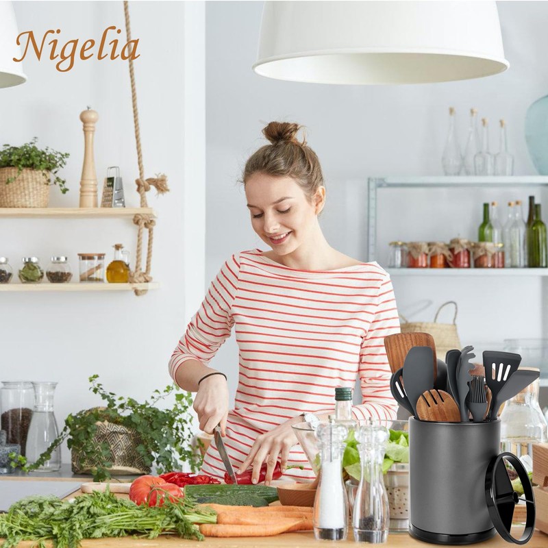 Nigelia Extra Large Kitchen Utensil Holder - 360° Rotating Stainless