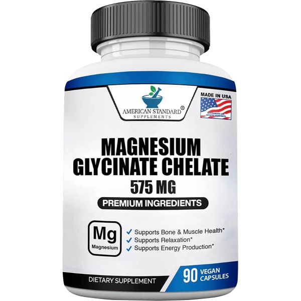 American Standard Supplements Glicinato De Magnesio 575 Mg Energía 90 Caps. Hecho En Usa