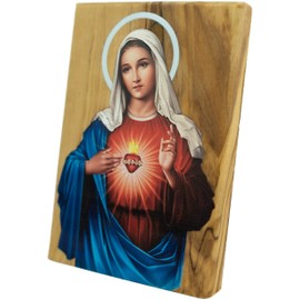 Logos Trading Post Virgin Mary Immaculate Heart Icon Decor, Holy Land Olive Wood, Sacred Blessed Mother Catholic Art for Home or Church Altar Table, Religious Standing Wooden Plaque