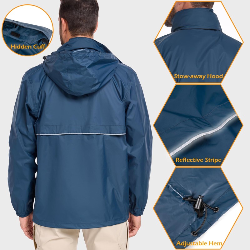 MANSDOUR Men's Packable Rain Jacket Lightweight Waterproof Rain Shell Jacket