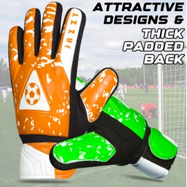 Jazzy Sports Contrast Goalkeeper Gloves, Soccer Goalie Gloves for Kids Youth Boys with Double Wrist Protection Along 4mm Non-Slip Latex Grip Palm (Green-Orange, Size 2 Suitable for 4-5 Years)