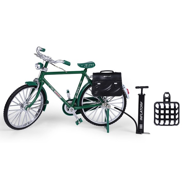 Retro Bicycle Model Ornament for Kids Adults Simulation Mini Bicycle Model with Inflator & Briefcase & Basket 1:10 Creative Metal Model Green