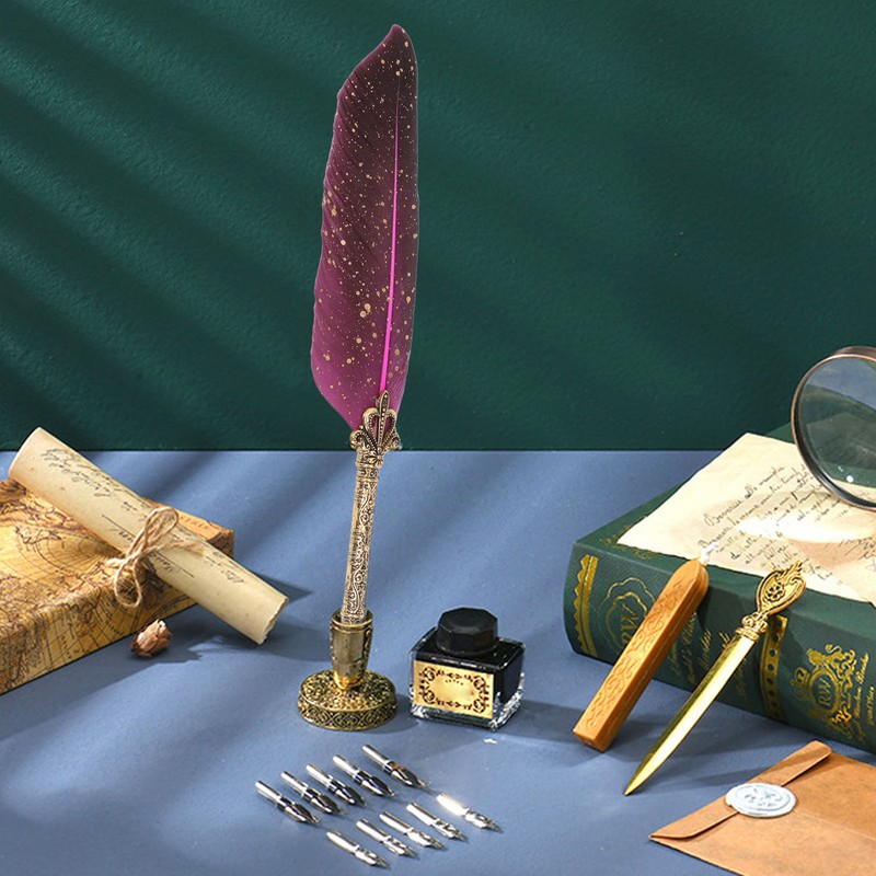 Feather Pen Set with 10 Interchangeable Nib Fire Lacquer Wax