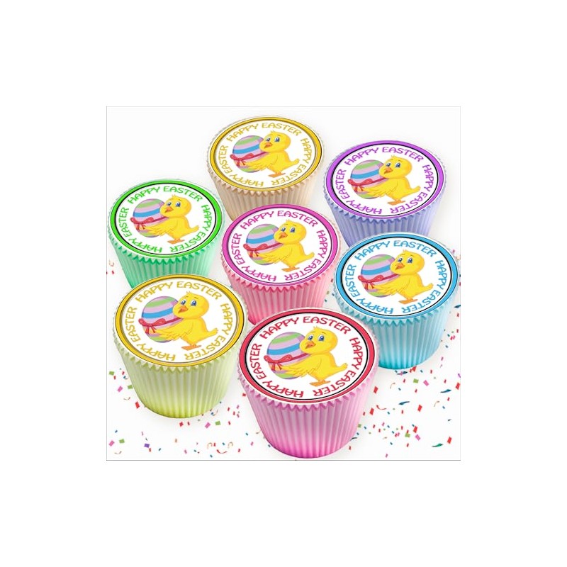 24 X HAPPY EASTER CUTE YELLOW CHICKS EDIBLE ICING CUPCAKE