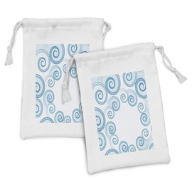 Ambesonne Teal and White Fabric Pouch Set of 2, Ocean Waves Inspired Design with Abstract Blue Swirls Water Sea Spirals, Small Drawstring Bag for Toiletries Masks and Favors, 9" x 6", Blue White
