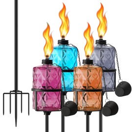 SNOGSWOG Glass Citronella Torches Set of 4, 12 Oz Outdoor Garden Torch with 5-Prong Grounded Stake, 59 Inch Glass Torch for Home Décor, Outside Torches for Backyard, Garden, Patio, Muti-Color