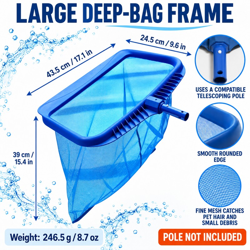Pool Leaf Rake with Deep Mesh Bag, Heavy-Duty Pool Skimmer