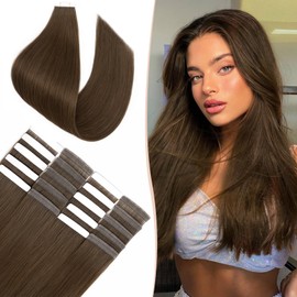 Benehair Tape in Hair Extensions Human Hair, Dark Brown Remy Hair Extensions Straight Human Hair Tape in Extensions Invisible 10pcs 25g 16 inch