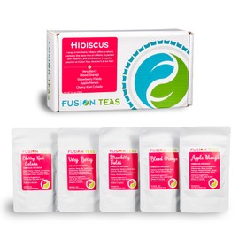 Hibiscus Sampler Set, A Tangy and Tart Variety of Hibiscus Loose-Leaf Infusions, 5 Sample Pouches of Juicy Fruit Flavors combined with the Cranberry-like Flavor of Hibiscus, Each sample makes 8-10 Cups of Tea, Very Berry, Blood Orange, Strawberry Fields, Apple Mango, and Cherry Kiwi Colada by Fusion Teas