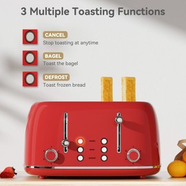 Toaster 4 Slice, Retro Stainless with 6 Bread Shade Settings,1.5''Wide Slots Toaster with Cancel/Defrost/Reheat,Dual Independent Control Panel(Red)