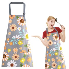 Cooking Apron for Women, Waterproof Oil-Resistant Adjustable Kitchen Apron, Adjustable Neck Strap, Kitchen Apron, Flower Aprons with Pocket, Aprons for Kitchen, Baking, BBQ, gray