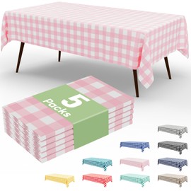misaya 5 Packs Buffalo Disposable Table Cloth, 54 x 108 Inch Waterproof Plastic Tablecloth, Rectangle White and Pink Checkered Table Covers for Picnic, Birthday, Party