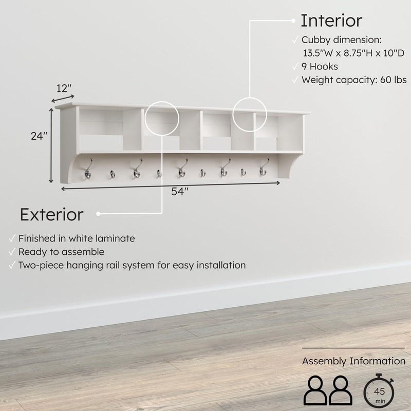 Prepac 60" Contemporary Wall Mounted Coat Rack, Coat Hooks Wall