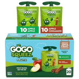 GoGo squeeZ Applesauce and Fruit Puree Variety Pack, Apple & Cinnamon, 3.2 oz (Pack of 20), Unsweetened Fruit Snacks for Kids, Gluten Free, Nut Free, BPA Free Pouches (Packaging May Vary)