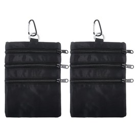 Klmnop 2 Pcs Golf Valuables Pouch, 7.8 X 5.7 Inch Golf Ball Bag with 4 Zipper Pockets, Golf Accessories Pouch Can Clips to Golf Bag for Storing Valuables, Balls, Tees, Phone(Black)