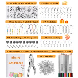 Birshe 228 Piece Shrink Film Set Shrink Film Set Key Ring Shrink Film Set Including Shrink Films, Colouring Pencils, Keychain Accessories, Hole Punch, Bead Cord for DIY Craft Decorations