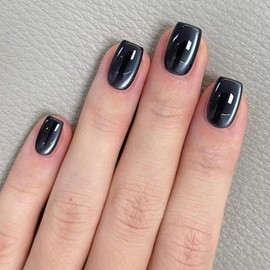 24Pcs French Tip False Nails Short Square, Black Cat Eye Press on Nails in 12 Sizes, Acrylic Soft Gel Fake Nails, Full Cover Artificial Glue on Nail, Glitter Glossy Stick on Nail for Women and Girls