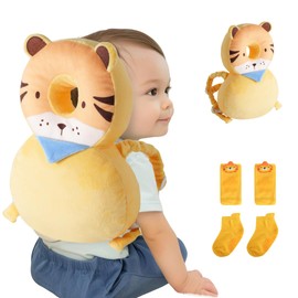 JumiLux Baby Head Protector Backpack (9 to 24 Months) - Cute Head Guard Pillow with Knee Pads and Socks, Crawling and Walking Safety Set, Toddler Head Cushion Backpack, Yellow Lion