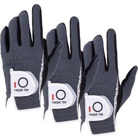 FINGER TEN Golf Gloves Men's All-Weather Left Hand Non-Slip Soft Golf Fiber Cloth Fit Velcro Sweat Resistant Multifunction Set of 3 (Left Hand Wear-24, Gray)