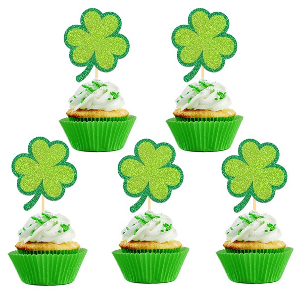 24 Pcs St Patrick's Day Clover Cupcake Toppers, Shamrock Clover