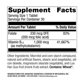 Bariatric Advantage B-12 Speedy Melts, Vitamin B12 1000 mcg Supplement, Fast Melting with 200 mcg of Folic Acid for Nutritional Support - Peppermint, 30 Count