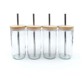 Elk and Friends Glass Mason Jars 24oz with Bamboo Straw Lids + Stainless Steel Straws | Smoothie + Iced Coffee + Bubble Tea Cups | Glass Cups with Lids and Straws