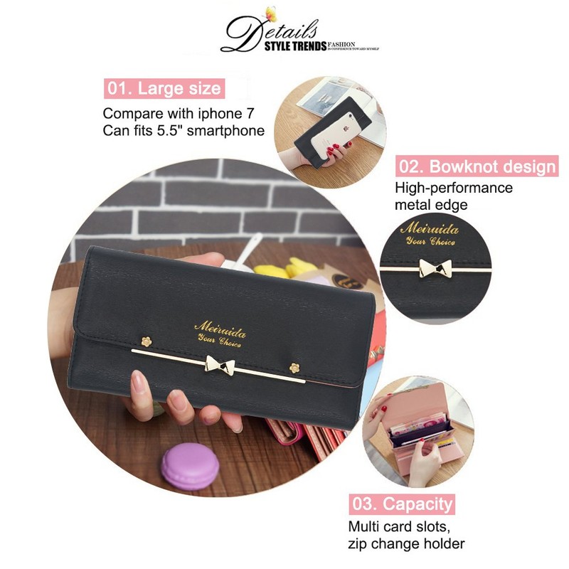WOOLALA Women Cute Bowknot Wallet Trifold Large Capacity Long Purse