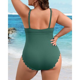 Charmo Plus Size One Piece Swimsuit for Women 2025 Ribbed Scallop Trim Tummy Control Full Coverage Large Bust Swimwear Army Green 3X
