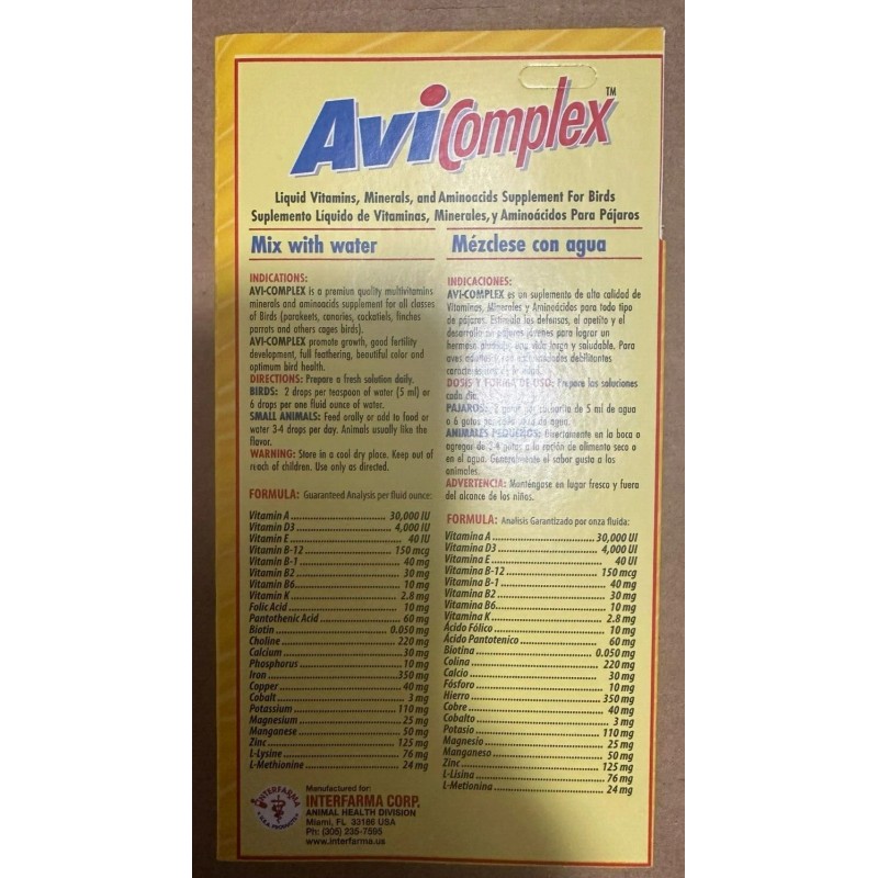INTERFARMA AVICOMPLEX LIQUID VITAMINS, MINERALS & AMINOACIDS SUPPLEM FOR BIRDS