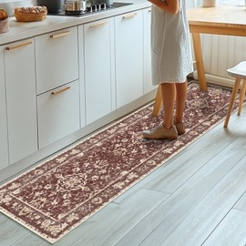 KIRFEIHT Vintage 2x6 Hallway Runner Rug Machine Washable Non Slip Area Rug with Rubber Backing Soft No Shedding Red Floral Carpet Runner for Kitchen,Bedroom,Laundry Room,Bathroom,Entrance