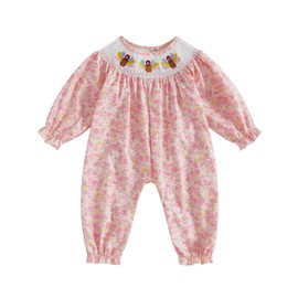 Loalirando Infant Newborn Baby Girl Thanksgiving Romper Long Sleeve Round Neck Turkey Embroidery Smocked Jumpsuit One Piece Clothes (Pink, 6-12 Months)