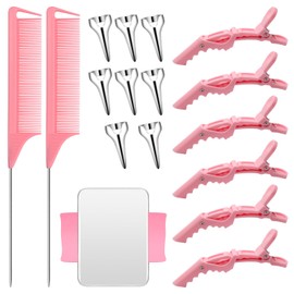 Coldairsoap 17 Pieces Hair Parting Tools Set, Included 8 Pieces Hair Parting Ring 2 Pieces Metal Rat Tail Comb 6 Pieces Hair Sectioning Clip with Magnetic Wrist Sewing Pin Holder for Braiding (Pink)