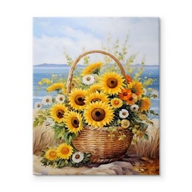 Valentine's Day Canvas Wall Art Decor - 16X20 inch Romantic Sunflower Basket Painting, Coastal Floral Artwork, Vintage Canvas Wall Art Decor for Living Room, Bedroom, Kitchen, Home Gift