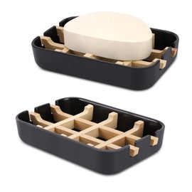 Fufengz Bamboo Wooden Soap Dishes for Bathroom Bar Soap Holder Sink Deck Bathtub Shower Tray (One Pieces Black)