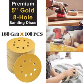 High-End Materials 5 Inch 8 Hole Hook and Loop Sanding Discs 180 Grit Random Orbital Sandpaper for Automotive and Woodworking 100Pack