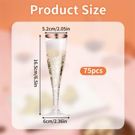 DYUEE Gold-Trim Champagne Flutes 75PCS, 150ml Plastic Reusable Party Champagne Cups, for Garden Weddings, Anniversaries, Baby Showers, Parties, Picnics, & Camping